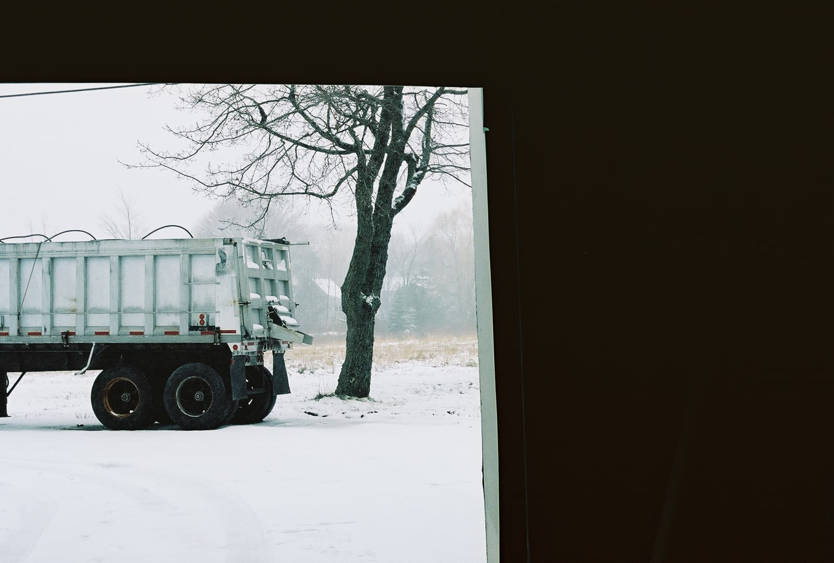 Snowy scene with a truck and a bare tree